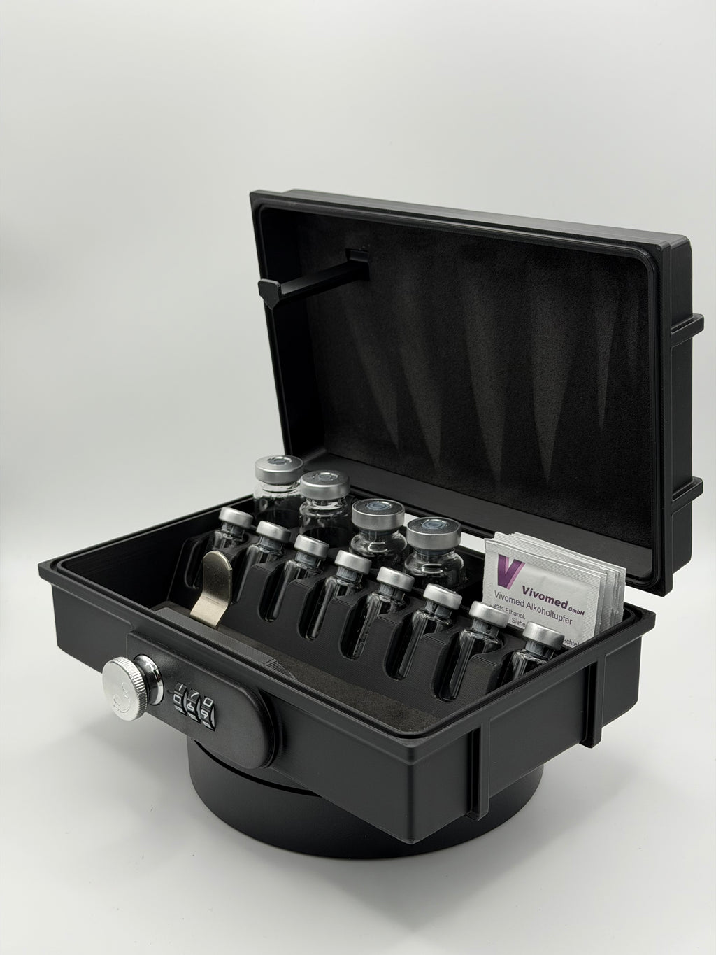 RobinFit Vial Box V3 Secure, robuste Aufbewahrungsbox für Vials, aus langlebigem Material, gut sichtbar auf einem weißen Hintergrund.