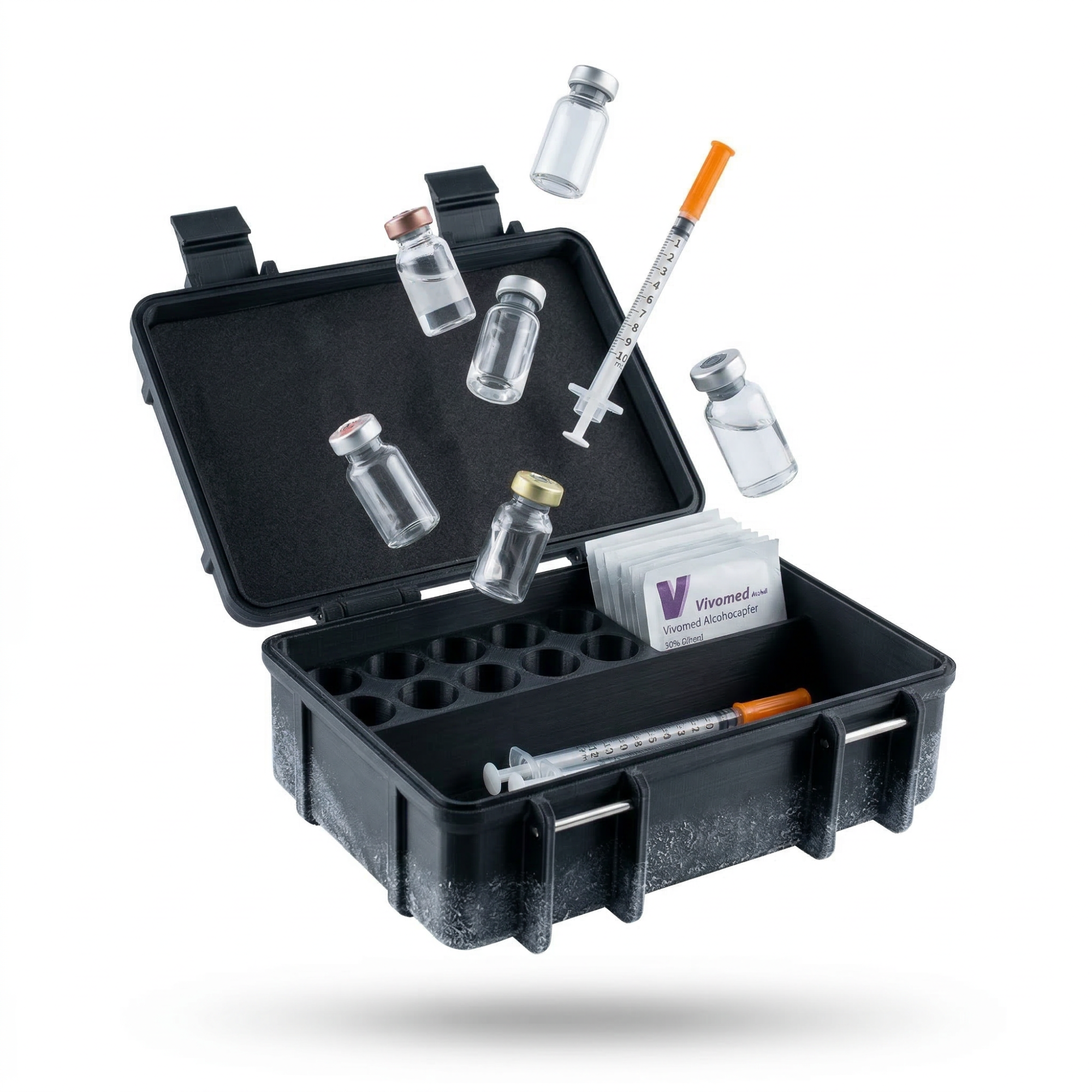 Violett gefärbte Peptidfläschchen in einer Robin Fit Peptid Vial Box mit 10 Fächern auf weißem Hintergrund.